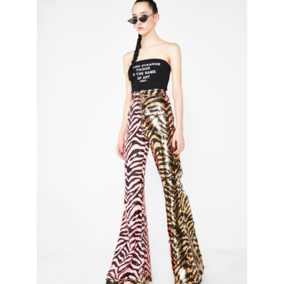 Pink Zebra Tiger sequin bell bottom flare pant    - Picture 3 of 4